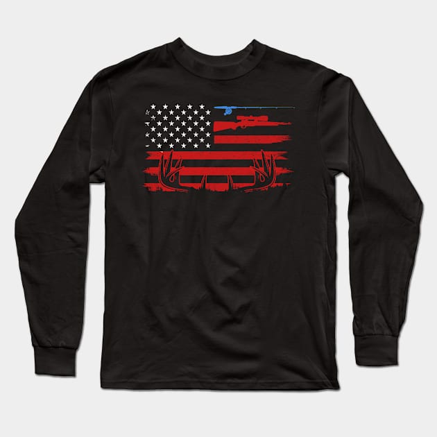 Fishing Rod Hunting Rifle American Flag 4th of July Gift For Women Men Hunter Hunting Lovers Long Sleeve T-Shirt by paynegabriel